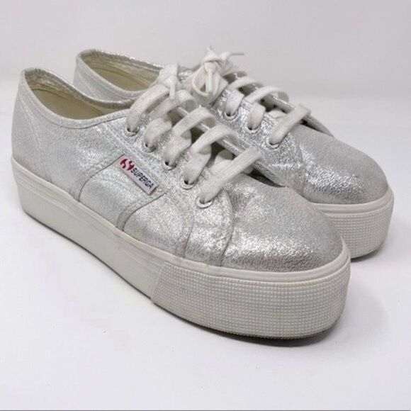 Superga unisex platforms metallic sparkle silver Usa M 6 Usa W 7.5 BoxE - Picture 1 of 7